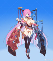 Rule 34 | 1girl, aaa606, blue eyes, breasts, closed mouth, floating clothes, frown, katana, large breasts, long hair, original, pasties, personification, pink hair, revealing clothes, sandals, solo, sword, tabi, tagme, thighhighs, very long hair, weapon, weibo watermark, xenoblade chronicles (series), xenoblade chronicles 2, zouri