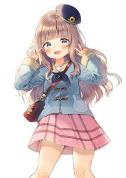 Rule 34 | 1girl, :d, bag, blue eyes, blue hat, blue neckerchief, blue shirt, blush, brown hair, brown sailor collar, commentary request, double w, flower, hands up, hat, hat flower, long hair, long sleeves, midorikawa you, neckerchief, open mouth, original, pink skirt, sailor collar, shirt, shoulder bag, simple background, skirt, sleeves past wrists, smile, solo, sunflower, tilted headwear, very long hair, w, white background, yellow flower