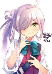 Rule 34 | 1girl, ahoge, asashimo (kancolle), bow, bowtie, chest strap, commentary request, dress, gradient hair, green eyes, hair over one eye, halterneck, highres, kantai collection, long hair, multicolored hair, o-sirius, ponytail, purple dress, school uniform, shirt, silver hair, simple background, sleeves rolled up, smile, solo, upper body, white background, white shirt