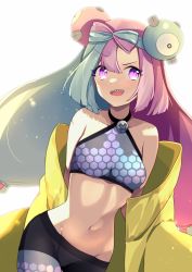 Rule 34 | 1girl, 3miril, bare shoulders, bow, bow-shaped hair, breasts, character hair ornament, coat, creatures (company), crop top, game freak, gen 1 pokemon, groin, hair bow, hair ornament, hexagon print, highres, iono (pokemon), large breasts, long hair, looking at viewer, low-tied long hair, magnemite, midriff, multicolored hair, navel, nintendo, open clothes, open coat, oversized clothes, pokemon, pokemon sv, purple eyes, sharp teeth, shorts, simple background, solo, stomach, teeth, very long hair, very long sleeves, x, yellow coat
