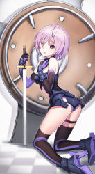 Rule 34 | 1girl, ankle boots, armor, armored dress, ass, asymmetrical legwear, black gloves, black leotard, black thighhighs, boots, breasts, checkered floor, chunrijun (springer), elbow gloves, eyes visible through hair, fate/grand order, fate (series), from behind, gloves, guangfu bao tong meng0-0, hair over one eye, hand on own chest, high heel boots, high heels, highres, holding, holding sword, holding weapon, kneeling, leotard, looking at viewer, looking back, mash kyrielight, medium breasts, mismatched legwear, over-kneehighs, parted lips, planted, planted sword, planted weapon, purple eyes, purple gloves, purple hair, purple leotard, purple thighhighs, shield, short hair, solo, sword, thigh strap, thighhighs, thighs, weapon
