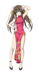 Rule 34 | 10s, 1girl, armpits, brown hair, china dress, chinese clothes, dress, full body, green eyes, hair ribbon, hand on own hip, highres, huang lingyin, infinite stratos, long hair, looking at viewer, ribbon, smile, solo, transparent background, twintails, v, yellow ribbon