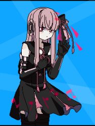 Rule 34 | ++ (9oafxjjhuktkdef), 1girl, black dress, black gloves, black ribbon, black thighhighs, blue background, blunt bangs, bright pupils, collared dress, commentary, cowboy shot, dress, elbow gloves, flower knot, gloves, hair ribbon, hand on own chest, hand up, holographic interface, kotonoha akane, looking at viewer, low-tied sidelocks, musical note, musical note print, pink hair, pink ribbon, pixel art, red eyes, ribbon, short dress, sidelocks, sideways glance, sleeveless, sleeveless dress, solo, square pupils, standing, synthesizer v, thighhighs, voiceroid, white pupils