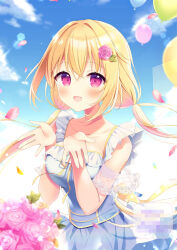 Rule 34 | 1girl, :d, aoi yun, balloon, blonde hair, blue dress, blue sky, blush, breasts, cloud, dress, flower, hair between eyes, hair flower, hair intakes, hair ornament, highres, long hair, looking at viewer, low twintails, medium breasts, open mouth, original, outdoors, petals, pink flower, pink rose, purple eyes, rose, sky, sleeveless, sleeveless dress, smile, solo, twintails, very long hair