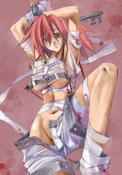 Rule 34 | 1girl, a.b.a, akaten, arc system works, armpits, bandages, blood, fingerless gloves, gloves, green eyes, guilty gear, homunculus, key, key in head, object through head, red hair, shorts, single glove, solo