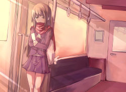 Rule 34 | 1girl, bad id, bad pixiv id, blush, brown eyes, brown hair, cellphone, earphones, charm (object), lonely, long hair, mishima kurone, original, phone, red scarf, scarf, skirt, solo, standing, train, train interior
