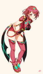 Rule 34 | 1girl, black gloves, blush, breasts, chest jewel, earrings, fingerless gloves, full body, gem, gloves, highres, jewelry, large breasts, leaning forward, looking at viewer, nintendo, pyra (xenoblade), red eyes, red hair, short hair, simple background, smile, solo, steamy tomato, swept bangs, thighhighs, tiara, white background, xenoblade chronicles (series), xenoblade chronicles 2
