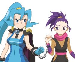 Rule 34 | 2girls, aqua hair, cape, chain, clair (pokemon), covered navel, creatures (company), cuffs, game freak, gym leader, handcuffs, janine (pokemon), multiple girls, navel, nintendo, pokemon, simple background, skin tight, two side up, white background