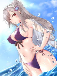 Rule 34 | 1girl, :o, armpits, azur lane, bare shoulders, bikini, blue sky, braid, breasts, choker, cleavage, cloud, commentary request, day, dunkerque (azur lane), dunkerque (summer sucre) (azur lane), earrings, front-tie bikini top, front-tie top, hairband, hand on own hip, hand on own thigh, highres, jewelry, large breasts, long hair, looking at viewer, navel, parted lips, ponytail, purple bikini, red eyes, see-through, side-tie bikini bottom, sidelocks, silver hair, sky, solo, stomach, swimsuit, thighs, wading, water, zubi (skylinezb)