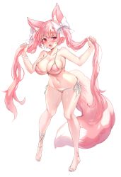 Rule 34 | 1girl, absurdres, animal ears, bare arms, bare legs, bare shoulders, barefoot, bikini, blunt bangs, bow, breasts, cleavage, fang, fox ears, fox girl, fox tail, full body, hair bow, highres, holding, holding own hair, large breasts, long hair, looking at viewer, micro bikini, open mouth, original, pink bikini, pink hair, red eyes, side-tie bikini bottom, simple background, solo, standing, swimsuit, tail, twintails, very long hair, white background, white bow, zerocat
