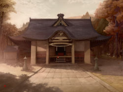 Rule 34 | architecture, arctic, bad id, bad pixiv id, box, building, cloud, cloudy sky, commentary, donation box, east asian architecture, falling leaves, fence, forest, gensokyo, hakurei shrine, highres, leaf, maple leaf, muted color, nature, no humans, orb, pavement, porch, railing, rope, scenery, shimenawa, shrine, sky, stone lantern, stone walkway, touhou, tree, yin yang, yin yang orb