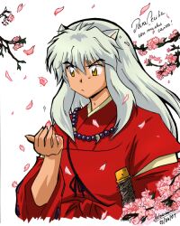 Rule 34 | animal ears, cherry blossoms, dianavigo, dianvigo, dog ears, inuyasha, inuyasha (character), looking at hand, red robe, robe, signature, tree branches, white background, white hair