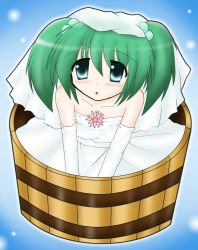 Rule 34 | 1girl, bad id, bad pixiv id, bare shoulders, bride, bucket, dress, elbow gloves, female focus, flower, gloves, green eyes, green hair, hair bobbles, hair ornament, in bucket, in container, kisume, matching hair/eyes, ryutotoranoikkiuchi, solo, touhou, wedding dress