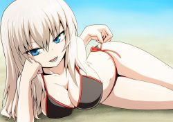 Rule 34 | 1girl, arm support, beach, bikini, blue eyes, breasts, cleavage, collarbone, girls und panzer, highres, itsumi erika, kamishima kanon, large breasts, long hair, looking at viewer, lying, on side, open mouth, sand, side-tie bikini bottom, silver hair, smile, solo, string bikini, swimsuit