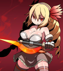 Rule 34 | 1girl, armor, axe, bad id, bad pixiv id, blonde hair, brave frontier, breasts, cleavage, drill hair, female focus, gauntlets, hairband, hakika, large breasts, long hair, looking at viewer, miniskirt, red axe michele, red background, red eyes, skirt, slit pupils, smile, solo, standing, weapon
