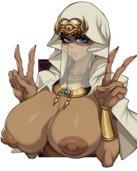 Rule 34 | 1girl, artist name, blue eyes, bracelet, breasts, breasts out, brown eyes, brown hair, clothes, dark-skinned female, dark skin, double v, egyptian, female focus, gyaru, highres, huge breasts, ishizu ishtar, jewelry, long hair, looking at viewer, millennium necklace, mouth veil, nipples, one eye closed, open mouth, puffy nipples, r3dstar, smile, solo, tongue, tongue out, v, veil, yu-gi-oh!, yu-gi-oh! duel monsters