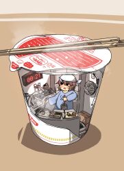 Rule 34 | 1girl, absurdres, black eyes, brown hair, chopsticks, clock, commentary request, cooking, digital clock, dishes, electric fan, head scarf, highres, holding, holding ladle, jitome, kani aji, kitchen, ladle, mini person, minigirl, nissin cup noodle, original, short hair, sink, solo, sweat