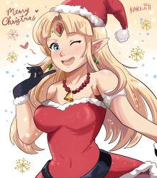 Rule 34 | 1girl, ;d, absurdres, artist name, bare shoulders, blonde hair, blue eyes, blush, breasts, covered erect nipples, cowboy shot, earrings, elf, hat, highres, jewelry, karbuitt, long hair, looking at viewer, medium breasts, merry christmas, neck bell, necklace, nintendo, one eye closed, open mouth, pointy ears, princess zelda, santa costume, santa hat, smile, solo, super smash bros., the legend of zelda, the legend of zelda: a link between worlds, upper body, white background, wink
