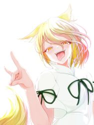 Rule 34 | 1girl, absurdres, animal ears, besuteia, blonde hair, commentary request, dress, fangs, flat chest, fox ears, fox girl, fox shadow puppet, fox tail, gesugao, green eyes, hair between eyes, highres, kudamaki tsukasa, looking at viewer, open mouth, short sleeves, simple background, smug, solo, squinting, tail, tongue, tongue out, touhou, white background, white dress, yellow eyes