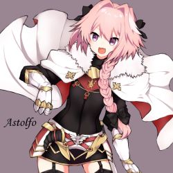 Rule 34 | 1boy, astolfo (fate), bad id, bad twitter id, braid, cape, character name, fate/apocrypha, fate/grand order, fate (series), garter straps, gauntlets, hair ribbon, long hair, male focus, pink hair, purple eyes, ribbon, single braid, smile, solo, takae (poupee en biscuit), thighhighs