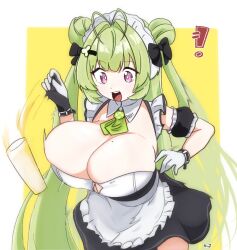 Rule 34 | !, 1girl, antenna hair, apron, arm cuffs, ascot, black gloves, black skirt, breasts, bunyeong, button gap, cleavage, detached collar, double bun, dropping, frilled apron, frills, gloves, goddess of victory: nikke, green ascot, green hair, hair bun, hair ornament, hair ribbon, hairclip, heart antenna hair, highres, huge breasts, light blush, long hair, maid, maid apron, maid headdress, mole, mole on breast, open mouth, pink eyes, pleated skirt, ribbon, skirt, sleeveless, soda (nikke), solo, two-tone gloves, white gloves