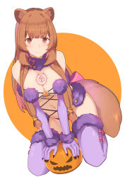 Rule 34 | 1girl, animal ear fluff, animal ears, blush, breast tattoo, breasts, brown hair, cleavage, closed mouth, cosplay, elbow gloves, fate/grand order, fate (series), full body, fur-trimmed gloves, fur-trimmed legwear, fur collar, fur trim, gloves, halloween, halloween costume, highres, jack-o&#039;-lantern, kneeling, kusubii, large breasts, long hair, looking at viewer, mash kyrielight, mash kyrielight (dangerous beast), mash kyrielight (dangerous beast) (cosplay), navel, o-ring, o-ring top, official alternate costume, purple gloves, purple thighhighs, raccoon ears, raccoon girl, raccoon tail, raphtalia, red eyes, revealing clothes, smile, solo, tail, tate no yuusha no nariagari, tattoo, thighhighs, very long hair, wolf ears, wolf tail
