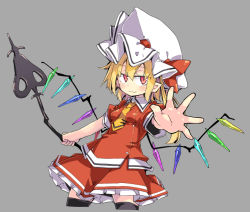 Rule 34 | 1girl, black thighhighs, blonde hair, blush, commentary request, cowboy shot, cropped legs, crystal, flandre scarlet, grey background, hat, hat ribbon, holding, holding polearm, holding spear, holding weapon, laevatein, long hair, looking at viewer, mob cap, necktie, noya makoto, outstretched arm, pointy ears, polearm, red eyes, red ribbon, red skirt, red vest, ribbon, side ponytail, simple background, skirt, solo, spear, thighhighs, tie clip, touhou, vest, weapon, white hat, wings, yellow necktie