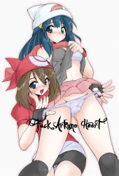 Rule 34 | 2girls, :/, :d, assisted exposure, bandana, bike shorts, black gloves, black socks, blue eyes, blue hair, blush, bra, breasts, cleavage, clothes lift, clothes pull, creatures (company), dawn (pokemon), embarrassed, endou masatoshi, english text, fingerless gloves, game freak, gloves, grey hair, groin, hair between eyes, hair ornament, half updo, hat, kneehighs, legs apart, lingerie, long hair, may (pokemon), midriff, miniskirt, multiple girls, navel, nintendo, nose blush, open mouth, outline, panties, panty pull, pleated skirt, poke ball print, pokemon, profanity, pulling another&#039;s clothes, scarf, shirt lift, shirt pull, short hair with long locks, short sleeves, sidelocks, simple background, skirt, skirt lift, skirt pull, small breasts, smile, socks, standing, thigh gap, underwear, undressing, white background, white bra, white panties, yuri