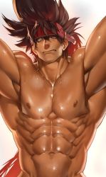 Rule 34 | 1boy, abs, arms up, bara, brown hair, collarbone, completely nude, cropped, dakimakura (medium), guilty gear, headgear, large pectorals, long hair, male focus, muscular, na insoo, navel, nipples, nude, paid reward available, pectoral focus, pectorals, ponytail, sample watermark, shiny skin, simple background, sol badguy, solo, spiked hair, sweat, watermark, yellow eyes