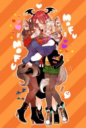 Rule 34 | 3girls, :d, animal ear fluff, animal ears, aoba moca, bad id, bad pixiv id, bang dream!, bat wings, blush, boots, bow, bowtie, brown hair, diagonal stripes, extra ears, closed eyes, fang, full body, fur collar, group hug, head wings, heart, high heel boots, high heels, hug, mamaloni, mitake ran, multiple girls, open mouth, outline, pantyhose, red hair, smile, striped, striped background, tail, udagawa tomoe, white outline, wings