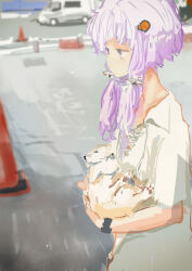 Rule 34 | 1girl, absurdres, alternate costume, animal, baby carry, blurry, blurry background, car, carrying, closed mouth, collared shirt, commentary request, cowboy shot, day, dog, expressionless, from side, guard rail, hair ornament, highres, holding, holding animal, holding dog, jitome, kabuyama kaigi, looking ahead, motor vehicle, outdoors, pink hair, purple eyes, shirt, short hair with long locks, short sleeves, solo, traffic cone, vocaloid, voiceroid, watch, white shirt, wristwatch, yuzuki yukari
