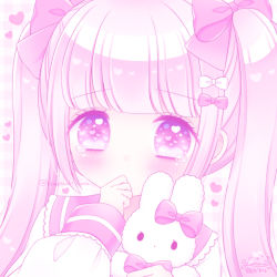 Rule 34 | 1girl, blunt bangs, bow, commentary request, covered mouth, hair bow, hands up, heart, heart in eye, highres, himetsuki luna, long hair, long sleeves, looking at viewer, original, pink hair, plaid, plaid bow, puffy long sleeves, puffy sleeves, purple eyes, purple sailor collar, sailor collar, school uniform, serafuku, shirt, signature, sleeves past wrists, solo, stuffed animal, stuffed rabbit, stuffed toy, symbol in eye, tears, twintails, upper body, white bow, white shirt