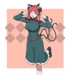 Rule 34 | 1girl, absurdres, animal ear fluff, animal ears, breasts, cat ears, dress, frills, green dress, highres, kaenbyou rin, large breasts, mata (matasoup), nekomata, paw pose, red eyes, red hair, solo, tagme, touhou