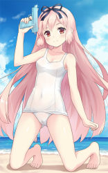 Rule 34 | 1girl, barefoot, beach, blue sky, bow, brown eyes, cameltoe, cloud, cloudy sky, collarbone, commentary request, covered clitoris, covered navel, day, hairband, holding, horizon, kneeling, long hair, looking at viewer, ocean, old school swimsuit, one-piece swimsuit, original, outdoors, school swimsuit, silver hair, sky, smile, solo, swimsuit, water gun, white one-piece swimsuit, yamasan