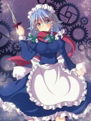 Rule 34 | 1girl, apron, blue dress, blue eyes, blush, bow, braid, breasts, commentary request, cowboy shot, dress, frilled apron, frills, gears, green bow, hair between eyes, hair bow, hand up, head tilt, highres, holding, holding knife, holding weapon, izayoi sakuya, juliet sleeves, knife, long sleeves, looking at viewer, maid, maid apron, maid headdress, medium breasts, no (yuki), parted lips, perfect cherry blossom, petticoat, puffy sleeves, red scarf, scarf, short hair, silver hair, solo, standing, touhou, twin braids, waist apron, weapon, white apron