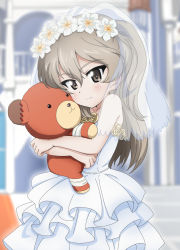 Rule 34 | 1girl, blurry, blurry background, boko (girls und panzer), bridal veil, brown eyes, closed mouth, commentary, day, depth of field, dress, flower, girls und panzer, hair flower, hair ornament, highres, holding, holding stuffed toy, kanau, layered dress, light brown hair, long hair, looking at viewer, medium dress, one side up, outdoors, shimada arisu, short sleeves, smile, solo, standing, stuffed animal, stuffed toy, teddy bear, veil, wedding dress, white dress, white flower