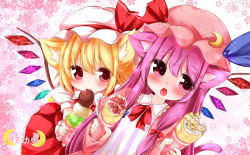 Rule 34 | 2girls, :&gt;, animal ears, cat ears, cat tail, cherry blossoms, chestnut mouth, chocolate, crepe, crescent, crescent hair ornament, dutch angle, flandre scarlet, floral background, food, food on face, hair ornament, hair ribbon, hat, hat ribbon, ice cream, ice cream cone, izumi yuuji (trace kouhosei), kemonomimi mode, looking at viewer, mob cap, multiple girls, patchouli knowledge, puffy short sleeves, puffy sleeves, purple eyes, red eyes, ribbon, robe, short sleeves, sidelocks, skirt, skirt set, tail, touhou, tress ribbon, wings