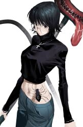 Rule 34 | 1girl, absurdres, black eyes, black hair, black shirt, black sweater, bug, chain, chamuring, collared shirt, crop top, cross, cross necklace, denim, highres, holding, hunter x hunter, jeans, jewelry, looking at viewer, midriff, monster, navel, necklace, number tattoo, pants, shirt, shizuku murasaki, short hair, solo, spider, stomach tattoo, sweater, tattoo, teeth, tongue, tongue out, turtleneck, turtleneck sweater, vacuum cleaner, white background