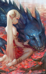 Rule 34 | 1girl, ankle lace-up, anklet, barefoot, blonde hair, cross-laced footwear, dragon, dress, elf, feet, hair ornament, hengct, jewelry, long hair, original, pointy ears, red dress, short dress, sitting, sleeping, soles, toes, wariza