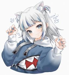 Rule 34 | 1girl, :3, animal ear fluff, animal ears, blue eyes, blue hair, blue hoodie, blue nails, blunt bangs, blush, cat ears, claw pose, closed mouth, commentary, cropped torso, flying sweatdrops, gawr gura, gawr gura (1st costume), head tilt, highres, hololive, hololive english, hood, hood down, hoodie, kanae (inorin05kanae), kemonomimi mode, long hair, long sleeves, looking at viewer, multicolored hair, nail polish, puffy long sleeves, puffy sleeves, silver hair, smile, solo, streaked hair, two-tone hair, two side up, upper body, virtual youtuber