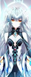 Rule 34 | 1girl, bad id, bad twitter id, blonde hair, cleavage cutout, clothing cutout, code: sariel (elsword), elsword, empty eyes, erun-cbal-, eve (elsword), expressionless, facial mark, gem, hair intakes, highres, long hair, robot, silver hair, strapless