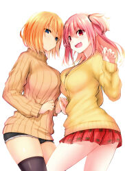 Rule 34 | 2girls, :d, black shorts, black thighhighs, blue eyes, breasts, brown sweater, cardigan, closed mouth, commentary request, hair between eyes, hand up, highres, large breasts, long hair, long sleeves, multiple girls, open mouth, orange hair, original, pink hair, plaid, plaid skirt, pleated skirt, puffy long sleeves, puffy sleeves, red eyes, red skirt, ribbed sweater, short shorts, shorts, simple background, skirt, sleeves past wrists, smile, sweater, thighhighs, turtleneck, turtleneck sweater, two side up, watarui, white background, yellow cardigan