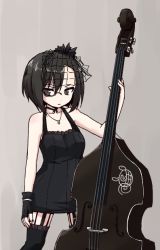 Rule 34 | 10s, 1girl, alternate costume, black dress, black eyes, black hair, black nails, black ribbon, black thighhighs, cello, closed mouth, commentary request, cowboy shot, dress, emblem, frilled thighhighs, frills, garter straps, girls und panzer, goth fashion, grey background, hair ornament, instrument, jewelry, kakizaki (chou neji), kawashima momo, looking at viewer, minidress, monocle, nail polish, neck ribbon, necklace, pencil dress, ribbon, short dress, short hair, simple background, sleeveless, sleeveless dress, solo, standing, thighhighs, tight clothes, tight dress, turtle, veil