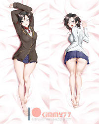 Rule 34 | 1girl, :p, arms up, artist name, ass, barefoot, black hair, blue skirt, dakimakura (medium), feet, hair between eyes, highres, kimmy77, looking at viewer, lying, multiple views, on back, on stomach, patreon logo, red eyes, ribbed sweater, ruby rose, rwby, short hair, grey eyes, skirt, smile, sweater, thighs, tongue, tongue out, watermark, web address