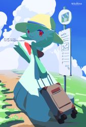 Rule 34 | 1girl, artist name, blue sky, bob cut, bus stop, charjabug, closed mouth, clothed pokemon, cloud, colored skin, creatures (company), day, english text, female focus, from behind, full body, game freak, gardevoir, gen 3 pokemon, gen 7 pokemon, grass, green hair, green skin, hair between eyes, hand up, happy, hat, highres, holding, holding suitcase, looking at viewer, looking back, multicolored skin, nintendo, outdoors, path, pokemon, pokemon (creature), red eyes, road, short hair, sign, signature, sketch, sky, smile, solo, split mouth, standing, suitcase, summer, sun hat, talking, tsukkon, twitter username, two-tone skin, walkign, waving, white skin, yellow hat