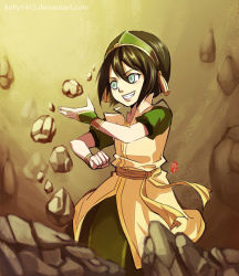 Rule 34 | 1girl, aqua eyes, avatar: the last airbender, avatar legends, black hair, blind, chinese clothes, flat chest, green eyes, kellylee, nickelodeon, rock, short hair, smile, solo, toph bei fong