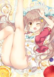 Rule 34 | 1girl, :d, ahoge, ass, bare legs, blush, breasts, brown hair, cleavage, clenched hand, commentary request, cropped jacket, dress, fang, feet out of frame, food, food-themed hair ornament, fruit, hair ornament, hair ribbon, hairclip, jacket, jewelry, legs up, looking at viewer, lying, medium breasts, necklace, no panties, on back, one eye closed, open hand, open mouth, orange (fruit), orange print, original, red jacket, ribbon, smile, solo, strawberry, suzunone rena, two side up, wink