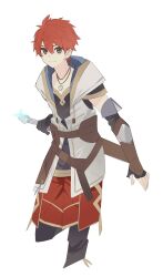 Rule 34 | 1boy, adol christin, arm guards, double-parted bangs, falcom, fingerless gloves, george man, gloves, grey eyes, hair between eyes, highres, jacket, looking at viewer, male focus, red hair, simple background, smile, solo, sparkle, sword, weapon, white background, ys, ys x nordics