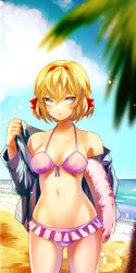 Rule 34 | 1girl, alice margatroid, alternate costume, beach, bikini, blonde hair, blue eyes, blue sky, blurry, breasts, cloud, collarbone, cowboy shot, day, depth of field, eredhen, expressionless, hairband, highres, hip focus, horizon, innertube, large breasts, light particles, long sleeves, navel, ocean, open clothes, open shirt, outdoors, palm tree, purple bikini, sand, shirt, sky, solo, swim ring, swimsuit, thighs, touhou, tree