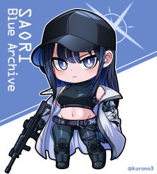 Rule 34 | 1girl, armband, assault rifle, bare shoulders, baseball cap, belt, black footwear, black gloves, black hair, black hat, black pants, black shirt, blue archive, blue eyes, blunt bangs, boots, breasts, buckle, character name, chest harness, chibi, coat, commentary, copyright name, crop top, cross-laced footwear, frown, full body, gloves, groin, gun, halo, harness, hat, holding, holding gun, holding weapon, holster, knife sheath, kurono, lace-up boots, long hair, looking at viewer, medium breasts, midriff, navel, no mask, off shoulder, open clothes, open coat, pants, rifle, saori (blue archive), sheath, shirt, sidelocks, sig 516, sig sauer, sleeveless, sleeveless shirt, snap-fit buckle, solo, standing, thigh holster, twitter username, underbust, weapon, white background, white coat